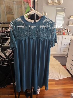 Teal Lace Yoke Short Sleeve Dress